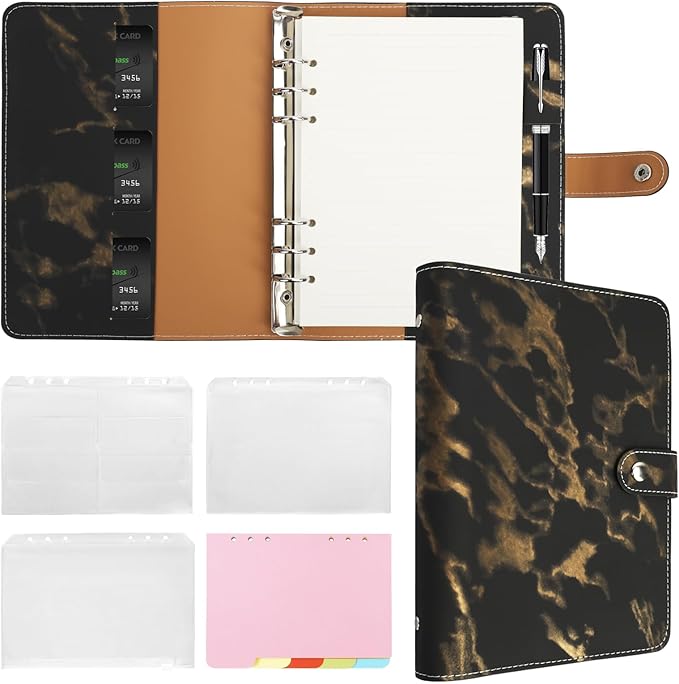 FYY A5 Binder Refillable Planner Notebook 6 Ring PU Leather Binder Journal with Pockets, Dividers, Refill Paper Marble Black