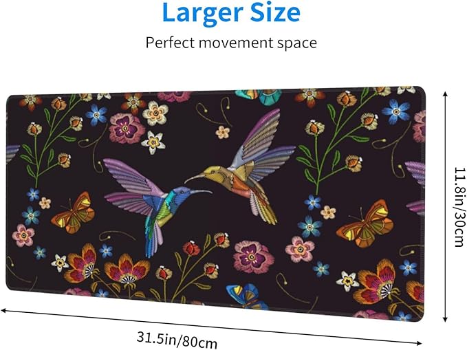 Hummingbird and Tropical Flowers Large Mouse Pad with Stitched Edges Long Non-Slip Rubber Base Mousepad Humming Birds Laptop Keyboard Mat Desk Pad for Office Home Desk Decor, 31.5" X 11.8"