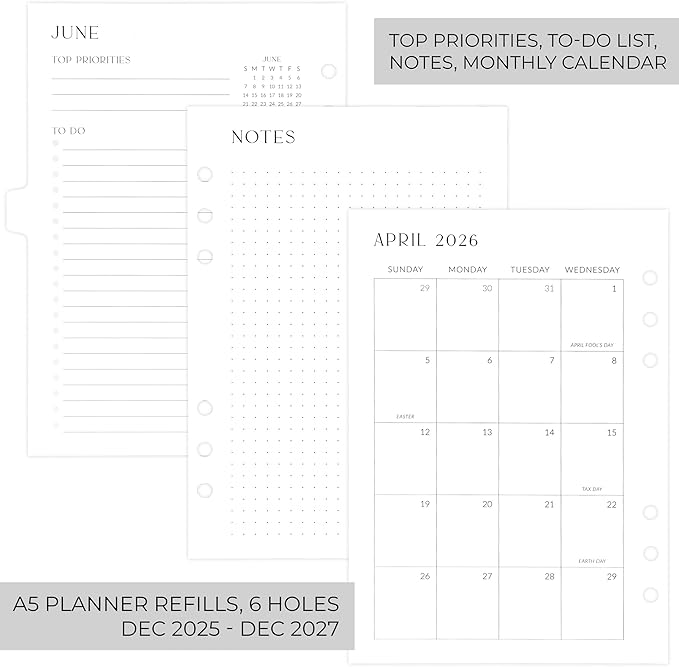 Beautiful 2026-2027 Monthly Planner Inserts for 6 Ring Binders – Durable A5 Paper Refill Set 5.7" x 8.3" - Refills Incl. Tabs & Yearly, Monthly Calendar Spreads - From December 2025 - December 2027