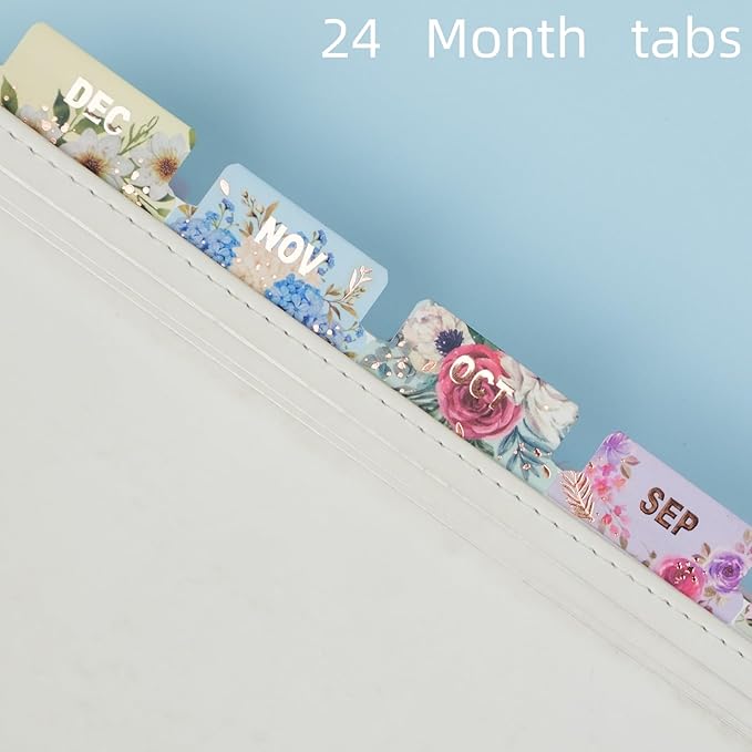 UPAFEXXI-Laminated Planner Monthly Tabs(72 Stickers in Total,24 Month,24 Subject,24 Blank) Calendar Monthly Label Stickers for Planners, Subject Label Adhesive Tabs for Folders, Pages(Floral)