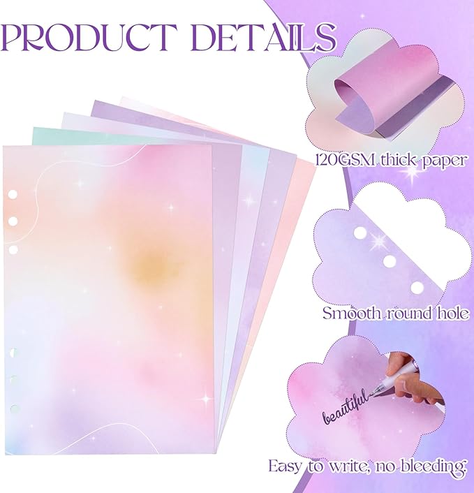 100 Sheets Gradient A5 Refill Papers for Planner Insert Binder, 120GSM Thick Blank Loose Leaf Paper, Watercolor 6 Hole Journal Fillers for A5 6 Ring Binder Notebook Diary Budget Organizer