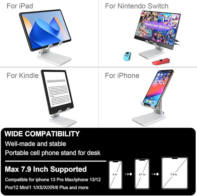 POQOD Foldable Cell Phone Stand for Desk, Fully Adjustable Phone Holder for Desk Compatible with iPhone 16 15 14 13 12 11, Nintendo Switch, All Phones, (White)