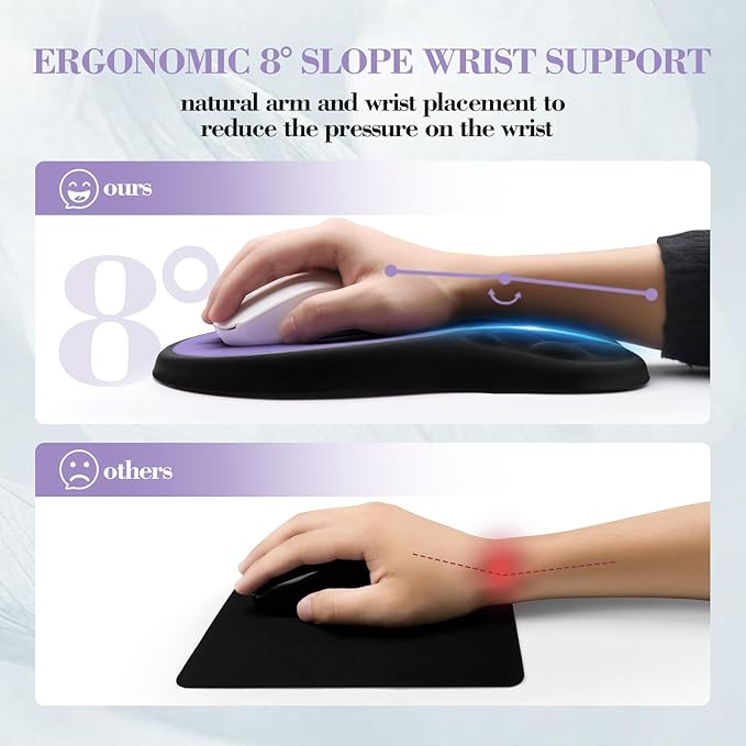 Ergonomic Mouse Pad with Wrist Support, Memory Foam Mousepad with Massage Design, Wrist Rest Mouse Pads for Carpal Tunnel Pain Relief, Non-Slip PU Base for Office Desk/Gaming (Black+Purple)