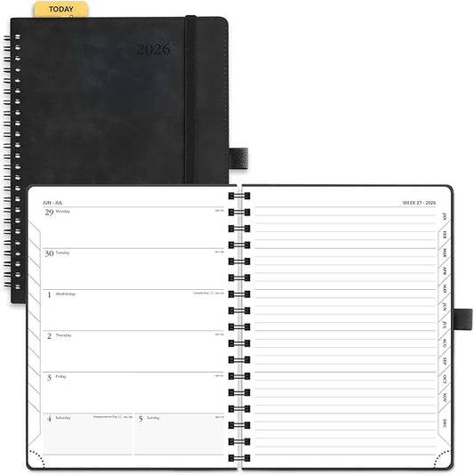 POPRUN 2026 Planner Weekly Notebook (Jan-Dec), Medium 8.5''x 6.5'' - Agenda 2026 Calendar Book with Monthly Tabs, Inner Pocket, Spiral Soft Cover, 100 GSM TJ - Black