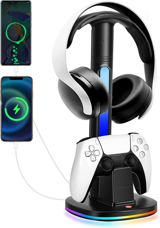 PS5 Controller Charging Station with RGB Headphone Stand, PS5 Controller Charger Holder with 2 USB Port, Headset Stand for PlayStation 5 & DualSense Edge Controllers Charging Dock