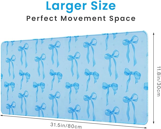 Large Mouse Pad, Blue Bows Desk Mat with Light Blue Background, Kawaii Computer Mat Keyboard Mat Cute Blue Office Accessories, Non-Slip Rubber Base Laptop Pad Girls Desktop Decor 31.5 x 11.8in