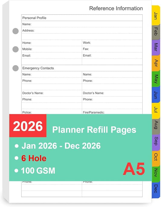 Tiankool 2026 Planner Refill for A5 6-Ring Binder,Weekly & Monthly Planner Inserts Runs from Jan 2026 to Dec 2026, 5-3/4" x 8-1/4"