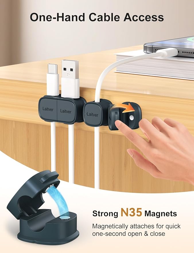 6 Pack Magnetic Cable Clips [1s Open/Lock], Laitver Cord Organizer Holder Strong Adhesive Desk Cable Management- Organize Charging Cords Neatly for Home, Office, Car,Desk, Nightstand-Sea Blue