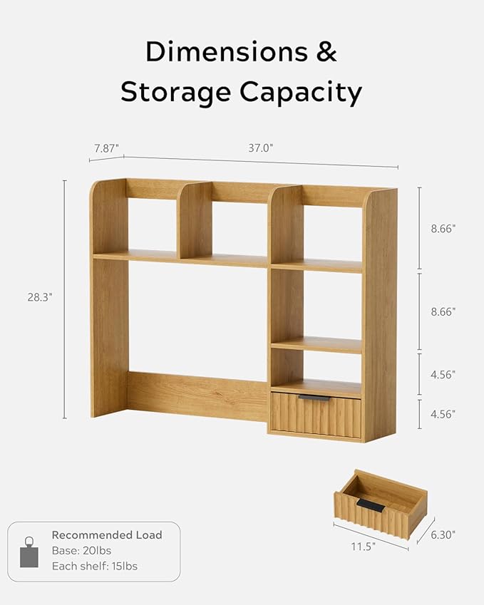 Desktop Bookshelf with Fluted Drawer, Wooden Countertop Shelf Mid Century Modern Desk Hutch Organizer Small Storage Bookcase for Dorm Home Office Study Vanity, Natural Oak