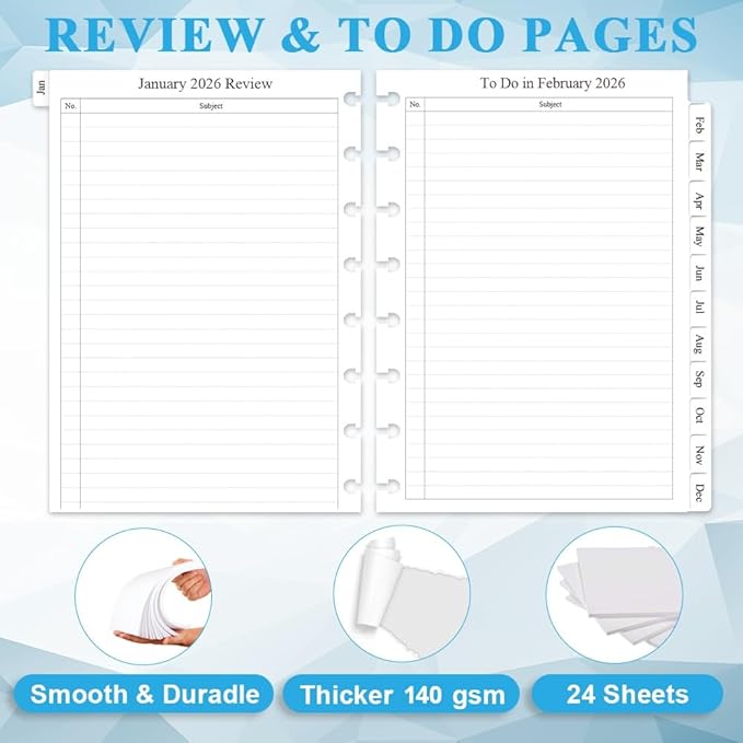 2026 Monthly Planner Refills, Two Pages Per Month,Jan 2026 to Dec 2026, A5 Size,5.8" x 8.25",8-Discbound，2026 Monthly Planner Inserts