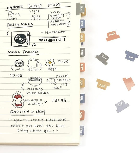 Lumintutu Laminated Planner Monthly Stickers,48 Adhesive Plan Tabs for Notebooks (2 Sets 12 Month Tabs and 24 Blank Tabs), Calendar Monthly Divider Set (Small Morandi)