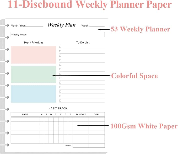 Weekly Planner Undated Refills - Letter Size 53 Sheets/106 Pages Colorful Weekly Planner for 11-Disc Discbound, TUL, 100 gsm White Paper, Lasts 1 Year, Undated, 8.5" x 11"