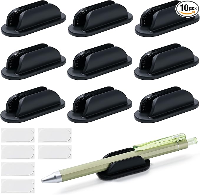 10 Pack Adhesive Pencil Holders for Desk,Silicone Flexible Pen Holder for Wall, Office, School,Home,Classroom Must Haves,Teacher Essentials Accessories,Desk Organizer,Art Supply,Small Gift (10, Black)