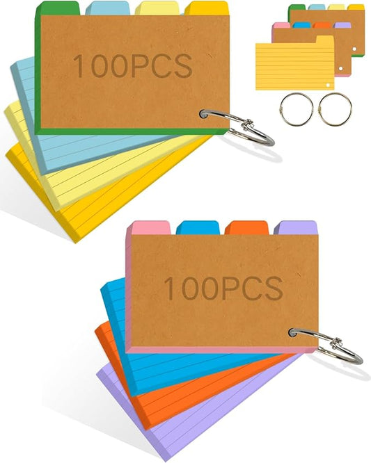Tabbed Index Cards with Ring 3x5, Lined Colored Flash Card with Tabs, Assorted Colors Thicken Notecards School Supplies for Students Study Note Office Essentials (ColorA+ColorB, 200PCS)