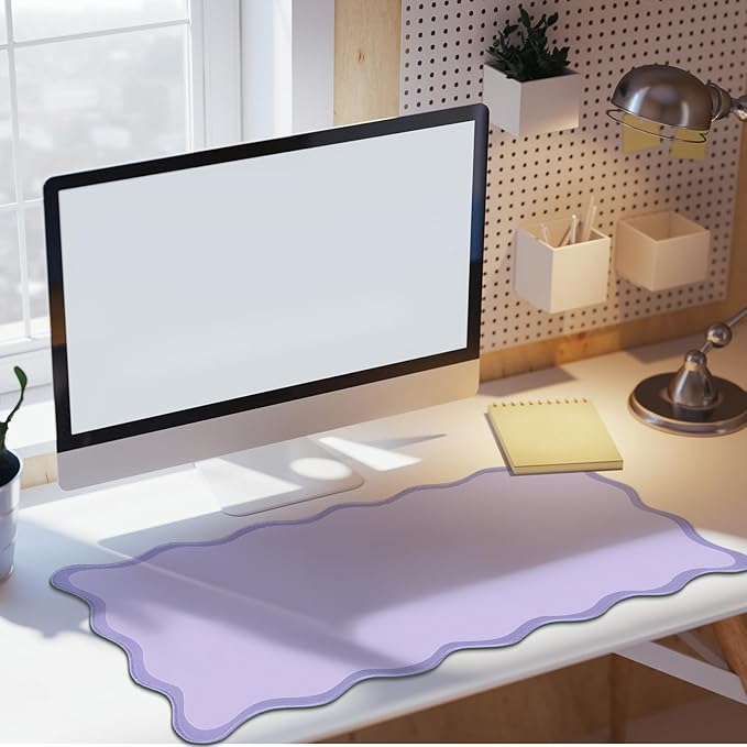 Scalloped Desk Mat Large Scalloped Piping Cute Desk Mat Aesthetic Preppy Table Pad Large Nonslip Pad with Edge Stitching Waterproof Gaming(Purple,23.62 x 13.78 Inches)