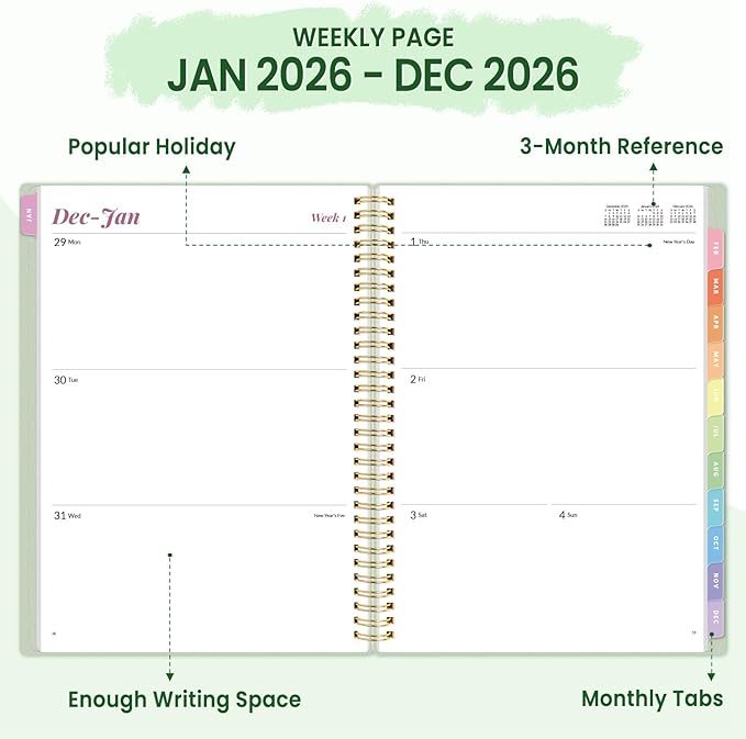 2026 Planner, Annecy Weekly ＆ Monthly Planner 2026, Jan. 2026 – Dec. 2026, 8.5" x 11" Monthly Agenda Planner with Tabs, Waterproof Flexible Cover, Spiral Binding, Double-sided Pocket, Bookmark, Green