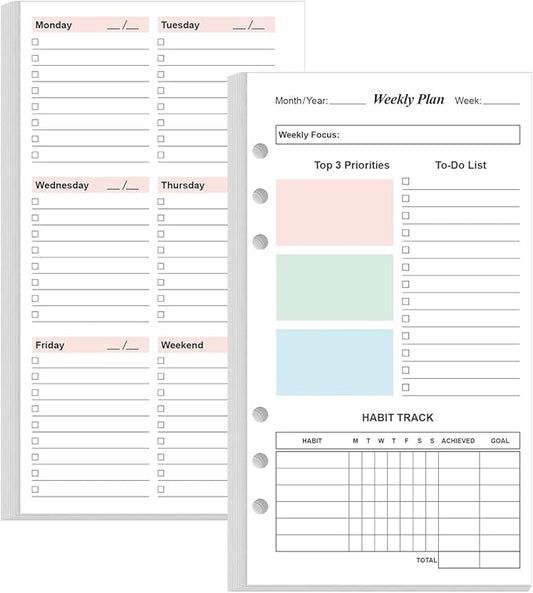A6 Weekly Planner Refills for Filofax Personal Binders, 53 Sheets/106 Pages Undated Colorful Weekly Planner, 6-Hole Punched, 100 gsm White Paper, Last 1 Year, 3.75" x 6.75"