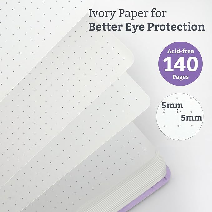Bullet Dotted Journal Hardcover Notebook, A5 140 Pages 120Gsm Thick Paper for School,Note Taking,Work,Diary，5.7''*8.3'',Lavender