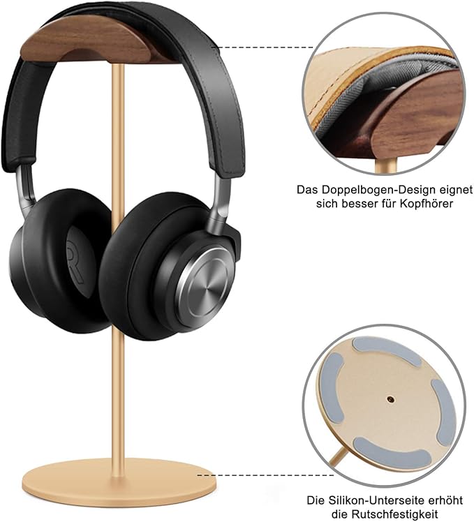 Headphone Stand, Walnut Wood & Aluminum Headset Stand, Nature Walnut Gaming Headset Holder with Solid Heavy Base for All Headphone Sizes (Gold)
