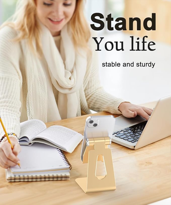 Cell Phone Stand for Desk- Adjustable Phone Stand Holder, Cradle, Dock, Desktop Stand for iPhone 17 16, 15, 14, Plus, Pro, Pro Max, 13 12 X XS,4-8" Phones, Office Accessories (Gold)