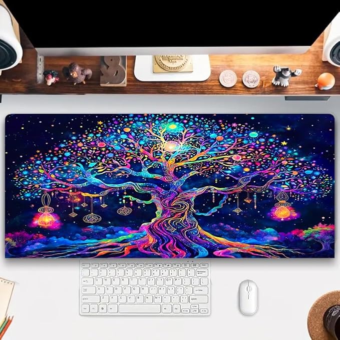 Manicer Colorful Tree of Life Mouse Pad, Blacklight Gaming Extended Large Desk Pad, UV Reactive Waterproof Long Keyboard Big Mouse Mat with 3mm Non-Slip Rubber Base for Office Home - 31.5" x 11.8"