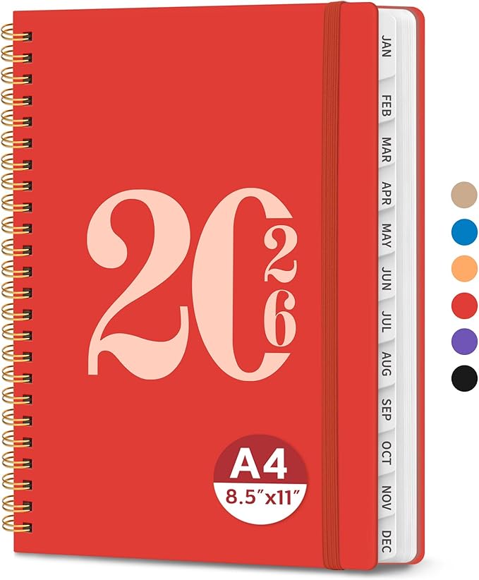 2026 Planner, Weekly and Monthly Calender Planner, Jan 2026 to Dec 2026, Hardcover 2026 Calendar Book with Tabs & Inner Pocket, Office Home School Supplies for Women & Men - A4 (8.5" x 11"), Tomato Red