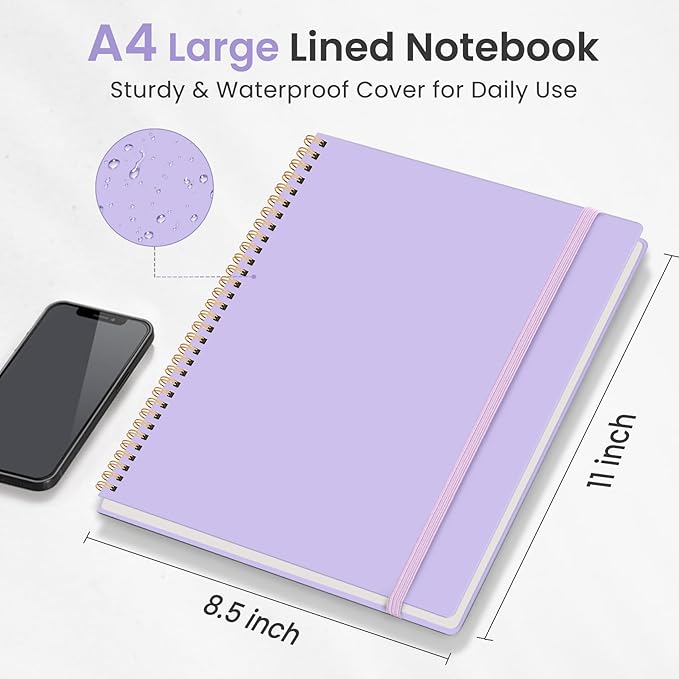 Taja Spiral Lined Notebook, 8.5"x11" Notebooks for Work, Large A4 Journal for Women & Men, College Ruled Journaling Notebook for Writing, Plastic Cover Spiral Journal, Lavender