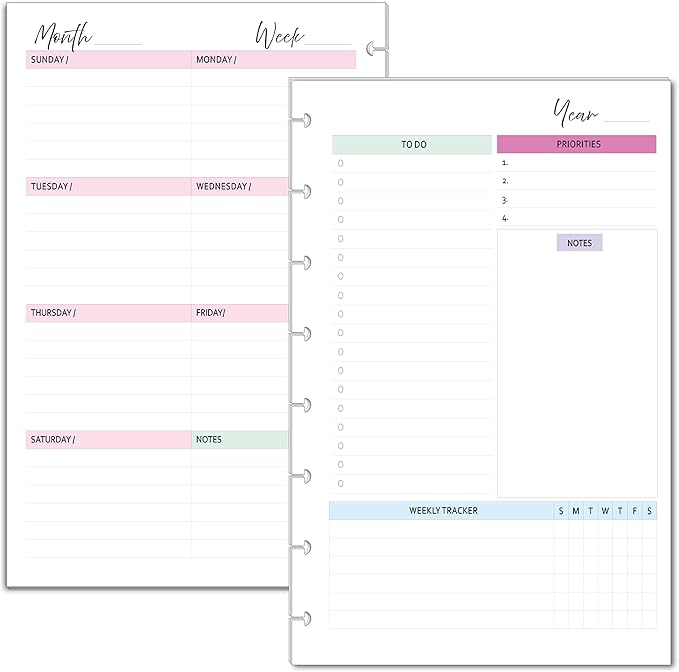 Undated Weekly Planner Inserts, Fits 8-Disc Junior/Half Letter Size Discbound Planers Calendar Refills Weekly Calendar Inserts, Undated Weekly Planner (8 Disc Half Letter)