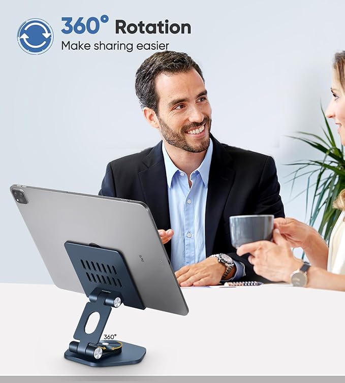 Foldable Aluminum Tablet Stand for Desk, 360° Swivel iPad & Tablet Holder – Portable & Stable Desktop Mount for 5–12.9in Devices, Dark Grey
