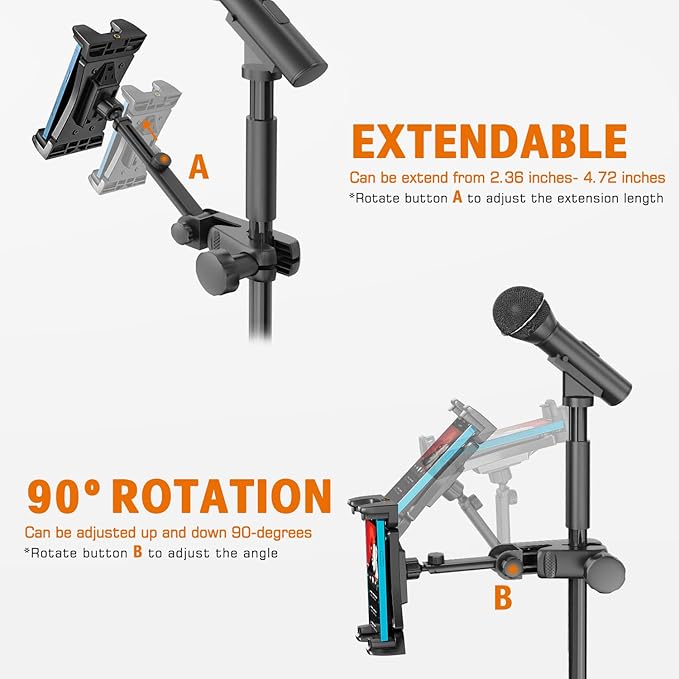 Tablet Holder for Microphone Stand, Mic Music Stand Tablet Holder for iPad, Smartphone Tablet Mic Stand Mount for Shee Music Fits Devices from Screen Size 4.7 to 12.9 Inches