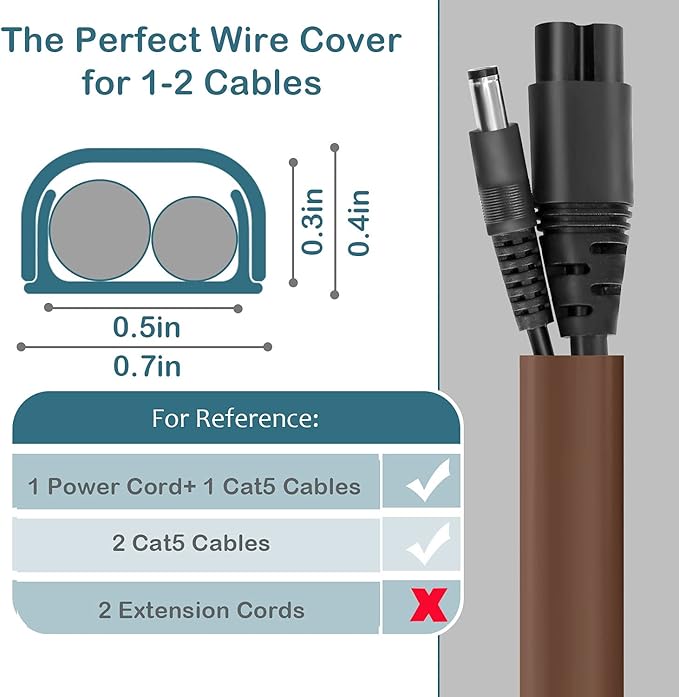ZhiYo Wire Covers for 2 Cords, Wire Hider on Wall Mounted, 68in Cord Cover Kit, Cable Cover Paintable, Cable Concealer for Extension Cord, Ethernet Cable, Speaker Wire Hider, Brown W0.7in H0.4in