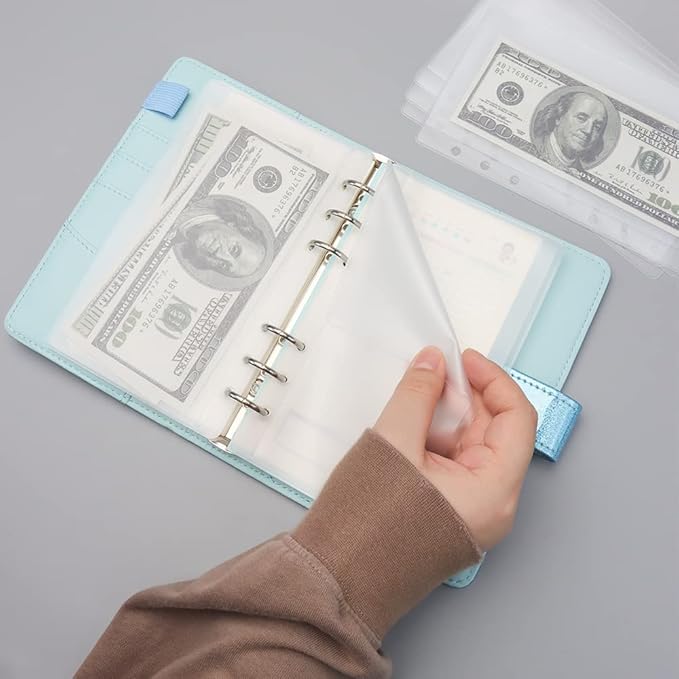 NatSumeBasics 24 A6 Binder Pockets, Cash Envelopes, 3.5" x 6.5" Frost Sleeves Sheet Protector, 6 Rings Binder Sleeve for Organizer, Photos Cards Bills (A6)