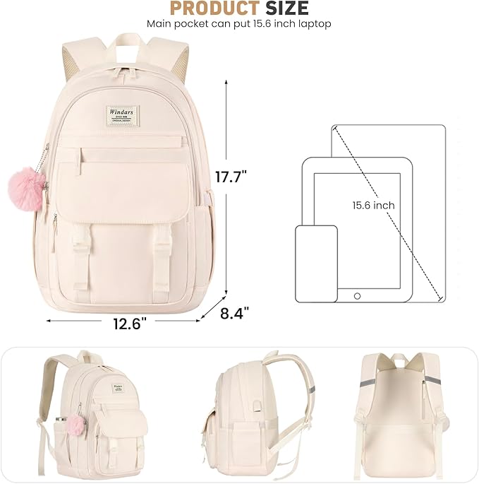 School Backpack for Teen Girls, Cute College Backpacks for Women Students Aesthetic Bookbag Large 15.6 Inch Laptop Bag Middle School Travel Back Pack (Beige)