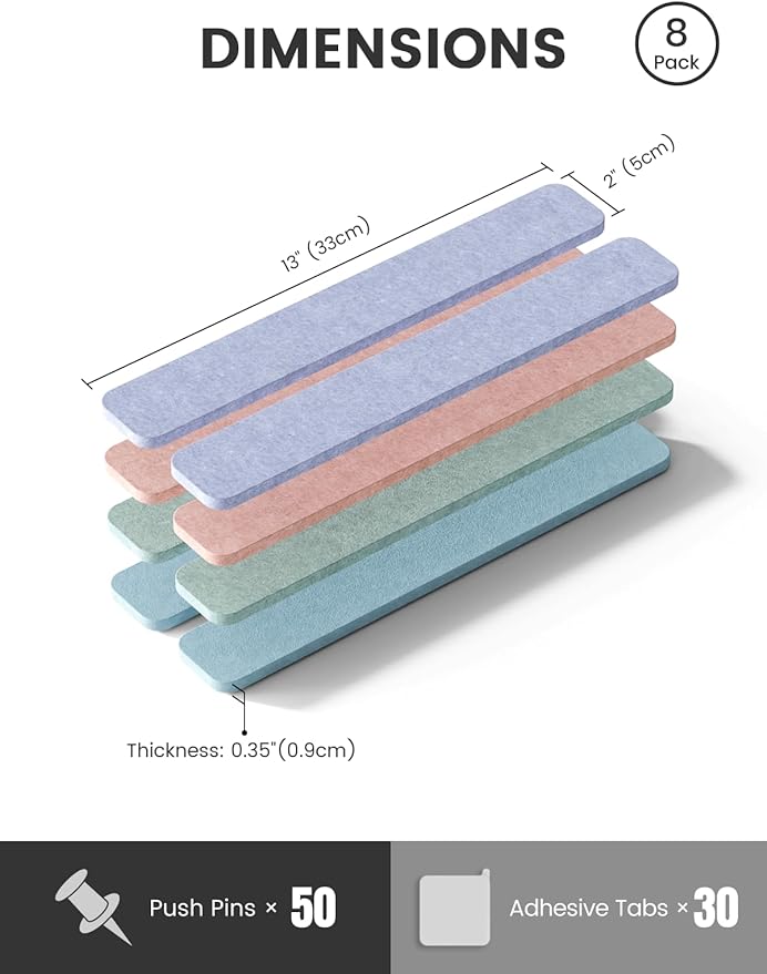 Cork Board Alternative Felt Strip Board 8-Pack 13"x2", Office Pin Board with 50 Push Pins, Adhesive Install for Bedroom Door & Home Office(Coastal Haze)