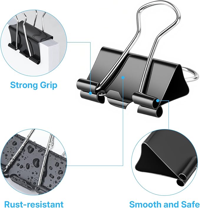 OWLKELA 100 Pcs Paper Binder Clip, Black Binder Clips, Metal Paper Clamps, Assorted Sizes, Ideal for Office, Home and School Supplies
