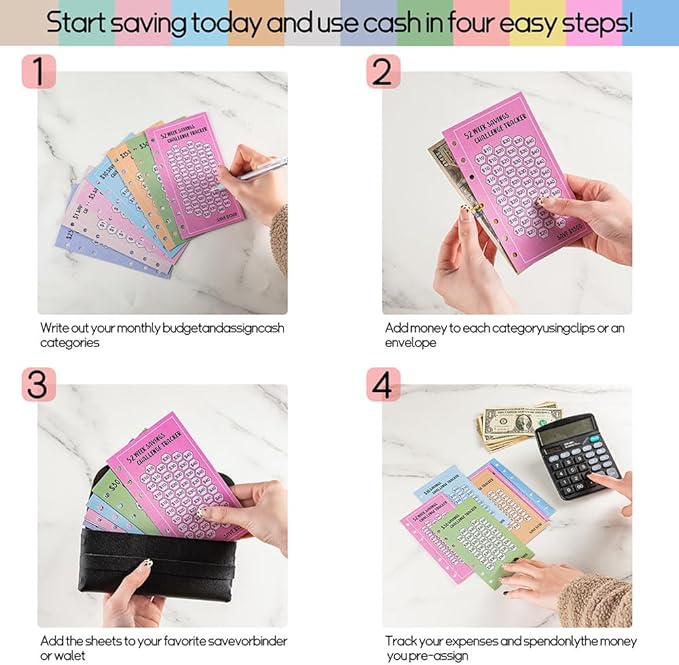48 Sheets 100 Envelopes Money Saving Challenge Binder Trackers, 6 Ring A6 Binders Savings Challenge Trackers Cards for Budget Planner, Multiple Budget Sheets for Cash Stuffing