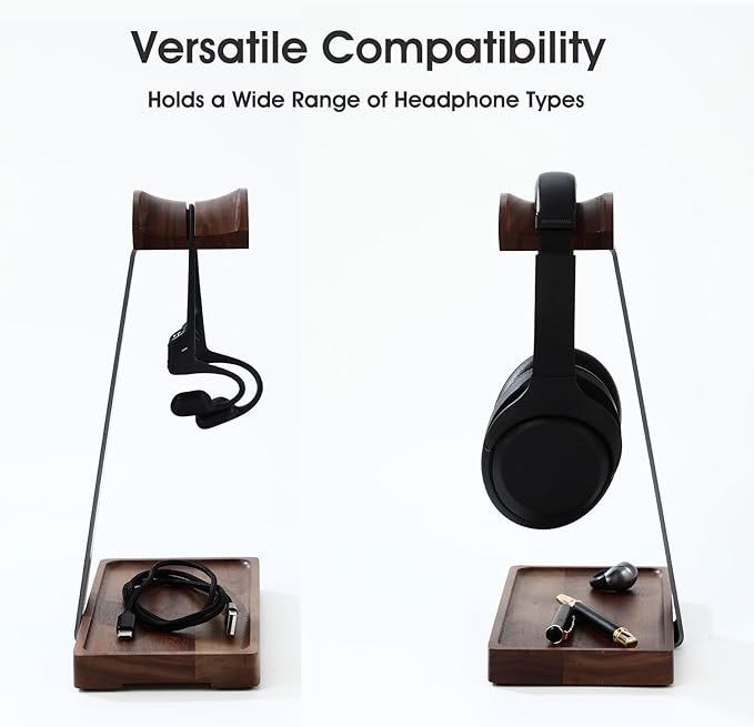 Walnut Headphone Stand, Wood Headset Stand for Desk, Gaming Headphone Holder with Storage Base Compatible with Airpod max, Bose, Razer, Sennheiser, Jabra, JBL, AKG, Grey