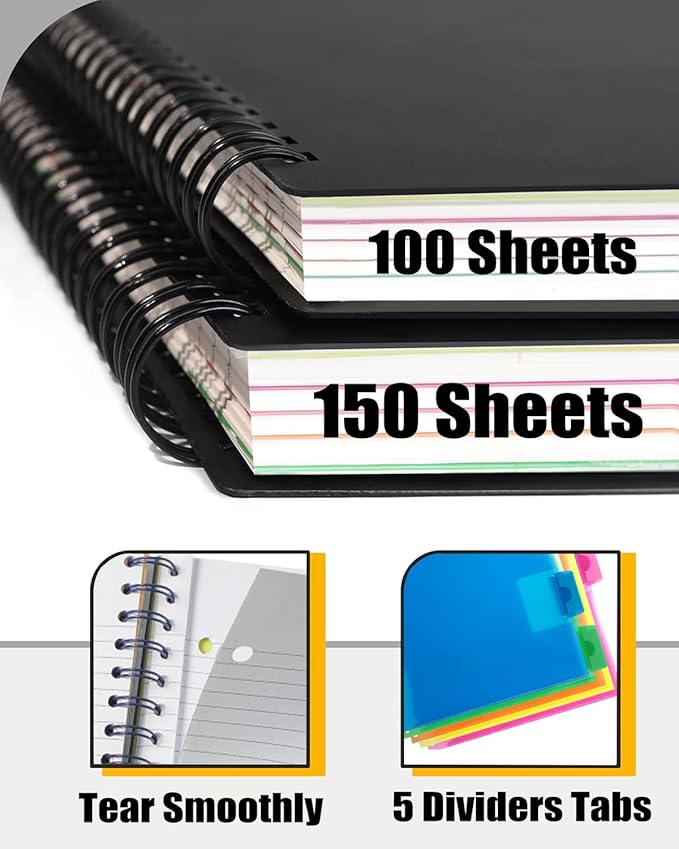 5 Subject Notebook - Spiral Notebook, College Ruled Notebook With Dividers Pocket, Tabs, 11" Ruler, 300 Pages, for Writing Journal, Home & Office, School Supplies, 8.5x11'' Purple150Sheets