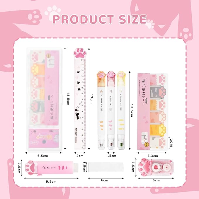 Cat Stationery Set, Cute Stationery Kawaii Retractable Erasers for Kids, Correction Tape Aesthetic, Cat Paw Ruler 15cm, Cute Pens, Sticky Notes Cute, School Supplies for Girls (Pink)