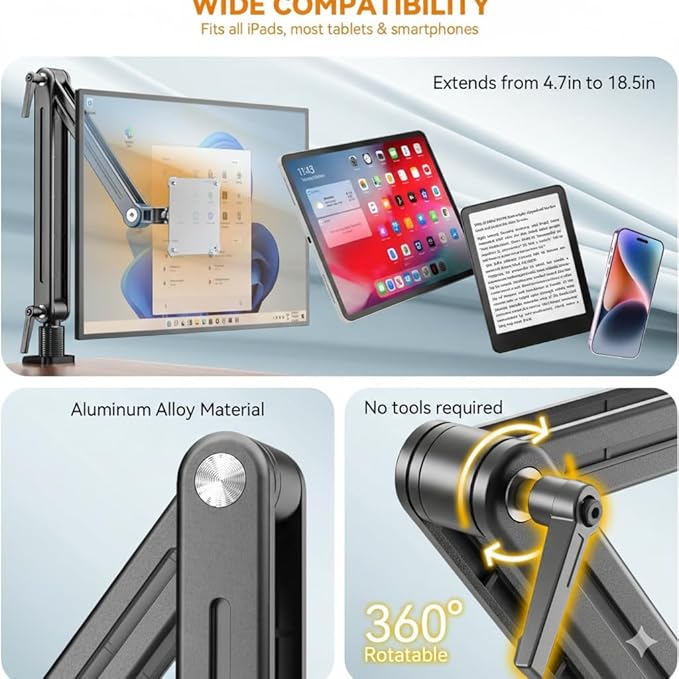 Portable Monitor Holder Mount Arm - Strong Magnetic Support up to 12.9 14.6 15.6 18.4 18.5 inch 360° Rotating Base Swivel for iPad Pro/Mini/Air/Surface/Samsung Bearing Over 5lbs