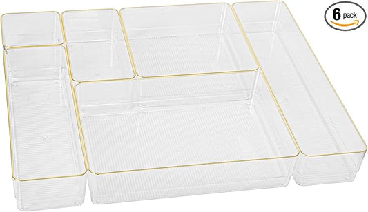 Martha Stewart Kerry Plastic Stackable Office Desk Drawer Organizers, Set of 6, with Gold Trim