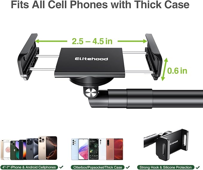 elitehood Heavy Duty Aluminum Overhead Phone Stand, 15 in Long Arm iPhone Holder for Video Recording, 360 Degrees Swivel Tilt Overhead Phone Mount for Filming, Meeting, Cooking, Painting and Crafting