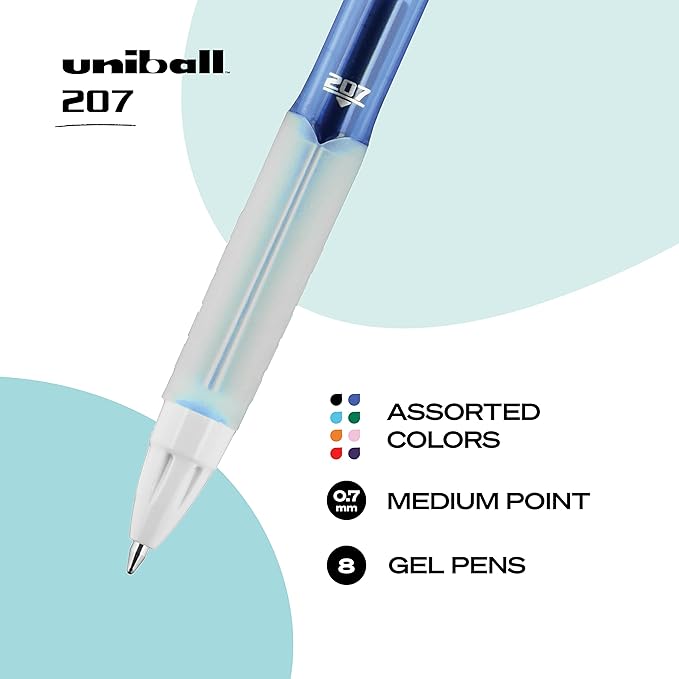 uniball 207 Fashion Retractable Gel Pens, Medium Point (0.7mm), Assorted, 8 Pack