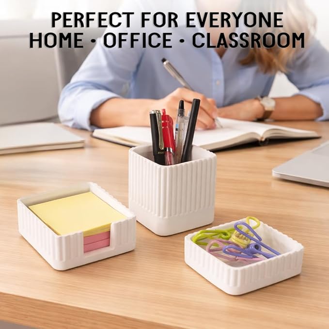 Aesthetic Concrete Desk Organizer Set of 3 - Stylish & Durable Office Accessories - Includes Pen Holder, Paperclip Storage, and Sticky Note Holder for a Clean, Modern Workspace (White)