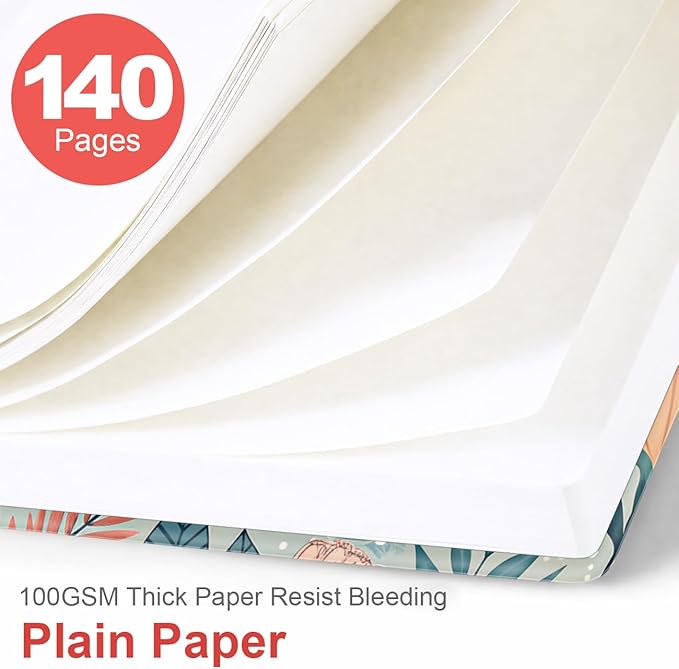 Heveboik A5 Blank Notebook - 70 Sheets/140 Pages Blank Paper Notebook, 100 GSM Thick White Paper, 5.8" x 8.3" Spiral Blank Journal, Flower-A