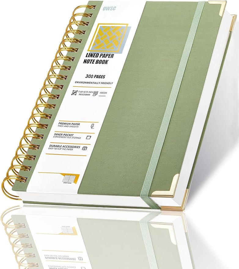 OWSC Lined Spiral Notebook with thick 110 GSM Papers, 300 Pages B5 Size College Ruled Notebook, Hardcover 7.1 x 10 Inches Journal for Women and Men, Notebooks for work, School, 1 Pack Green