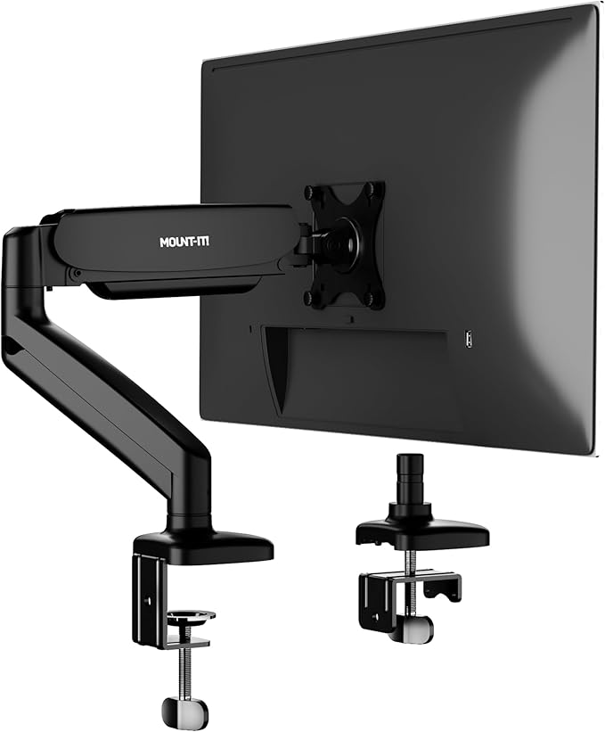 Mount-It! Monitor Arm – Single Monitor Desk Mount, Articulating Gas Spring Arm, Fully Adjustable 13"-32" Screens, VESA 75x75 100x100, Clamp & Grommet Base, Holds 17.6 lbs