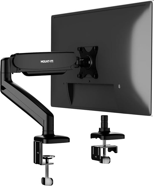 Mount-It! Monitor Arm – Single Monitor Desk Mount, Articulating Gas Spring Arm, Fully Adjustable 13"-32" Screens, VESA 75x75 100x100, Clamp & Grommet Base, Holds 17.6 lbs