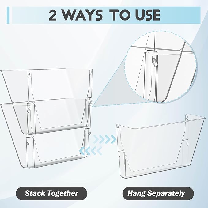 Clear Acrylic Single Pocket, Plastic Hanging Wall Mount File Holder for Office Home (White, 6 Pack)