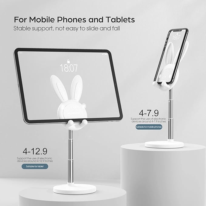 OATSBASF Cute Cell Phone Stand, Adjustable Bunny Phone Stand for Desk, Thick Case Friendly Holder Compatible with iPhone, Kindle, iPad, Switch, All Phones (White)